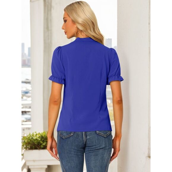 Bow Tie Neck Tops Workwear Short Sleeve Blouse Royal Blue - Picture 4 of 5